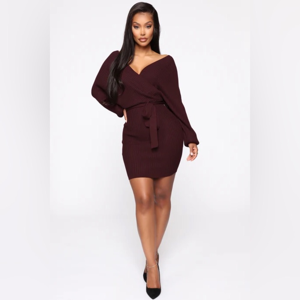 Wine Ribbed Knit Wrap Dress with Waist Tie (Fashion Nova)